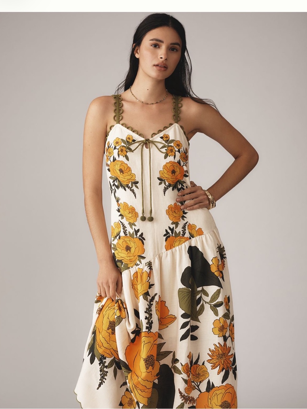 Farm for Anthropologie Linen Blend V Neck A-Line Maxi Dress XS